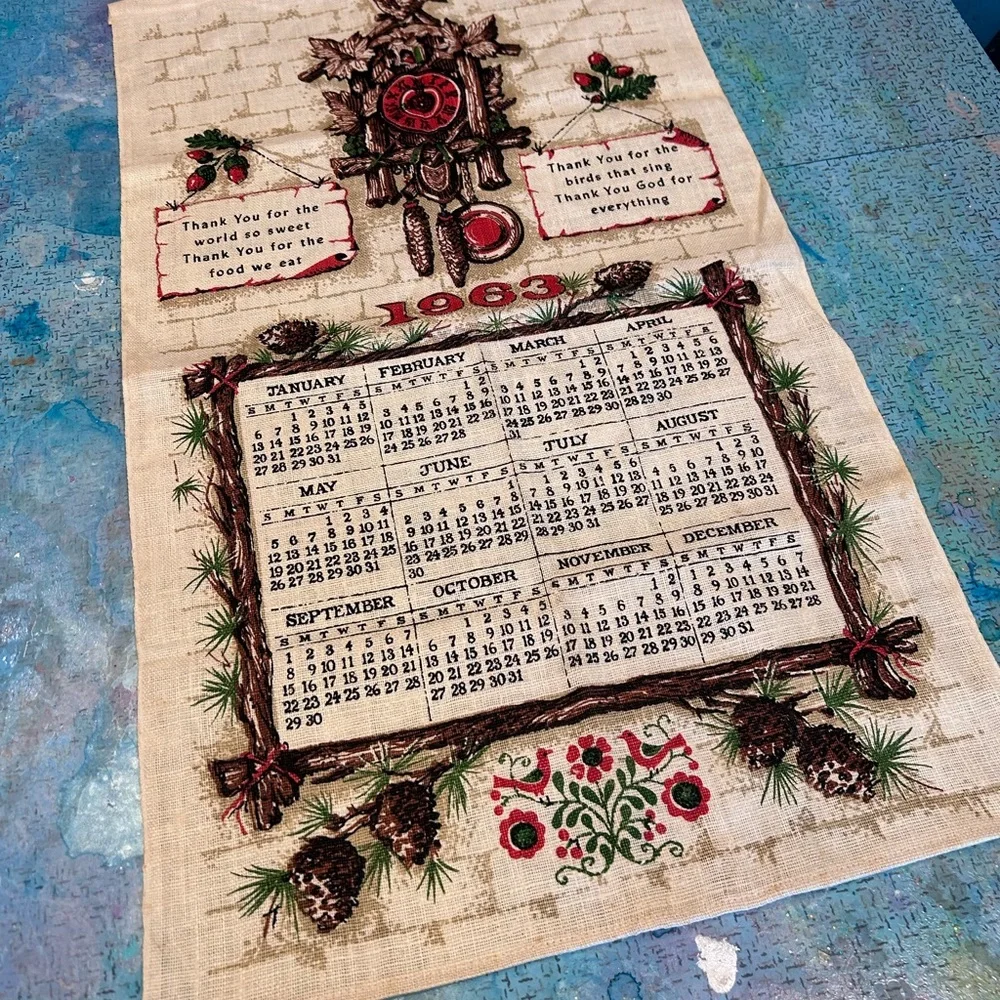 1963 Cuckoo Clock Linen Calendar